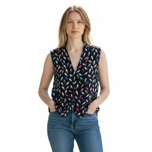 Nine West Womens XL Blouse Black Bird Print Sleeveless Top Layering Semi Sheer